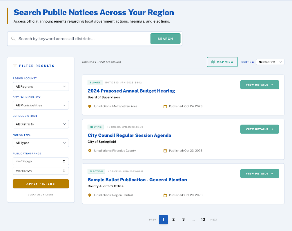 Notiss constituent dashboard — search, filter, and track public notices across your region